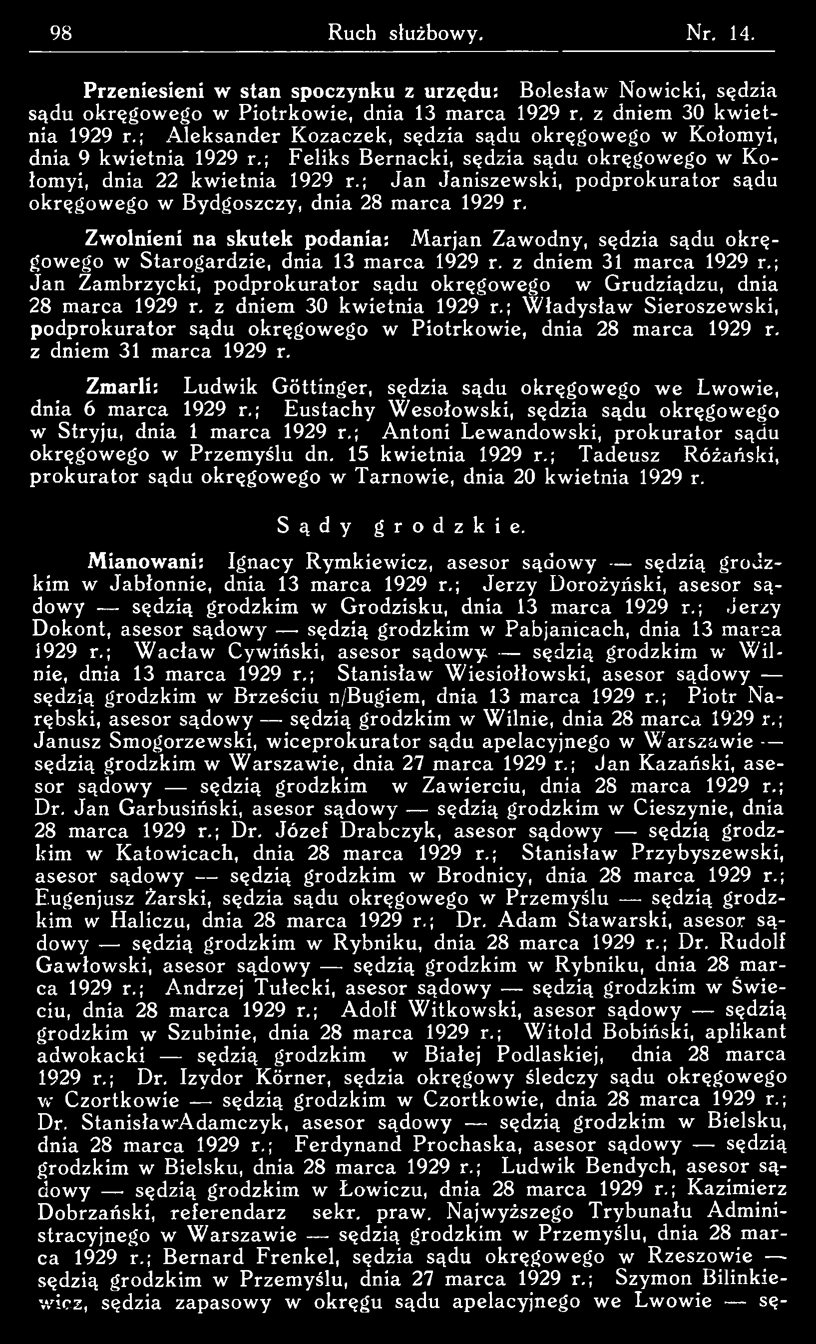 Przeniesieni w stan spoczynku z urzędu: Bolesław Nowicki, sędzia sądu okręgow ego w Piotrkow ie, dnia 13 marca 1929 r. z dniem 30 kw ietnia 1929 r.