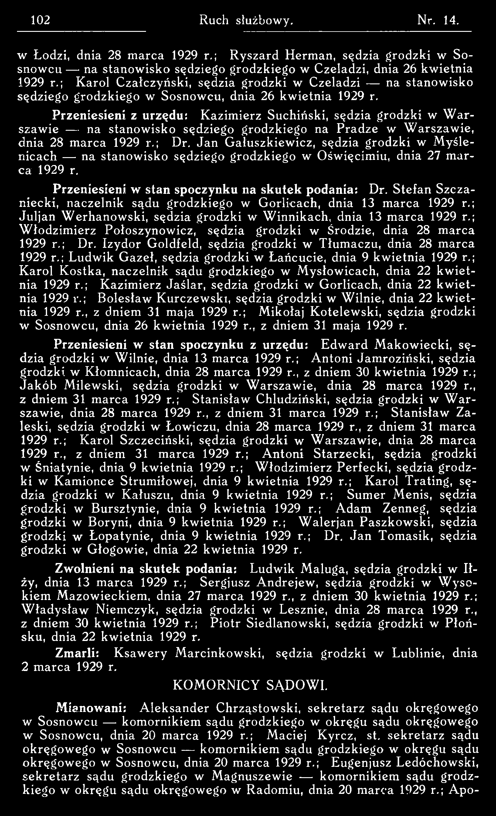 w Łodzi, dnia 28 marca 1929 r.; Ryszard Herman, sędzia grodzki w S o snowcu na stanowisko sędziego grodzkiego w Czeladzi, dnia 26 kwietnia 1929 r.