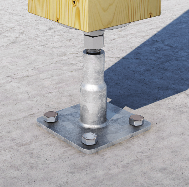 R70 Regulowana podstawa słupa zatapiana w betonie ETA 10/0422 S235 Złącze niewidoczne, regulacja wysokości Wysokiej jakości powłoka antykorozyjna (Dac Coat) podstawa FE500440 R70_1 100 x 100 x 8 4 x