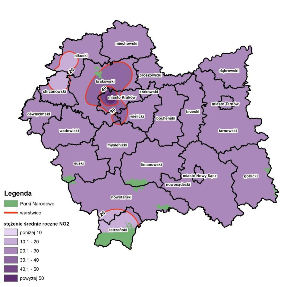 Mapa. Rozkład stężeń pyłu zawieszonego PM2,5 w 2014 roku stężenia roczne (Źródło: http://www.krakow.pios.gov.