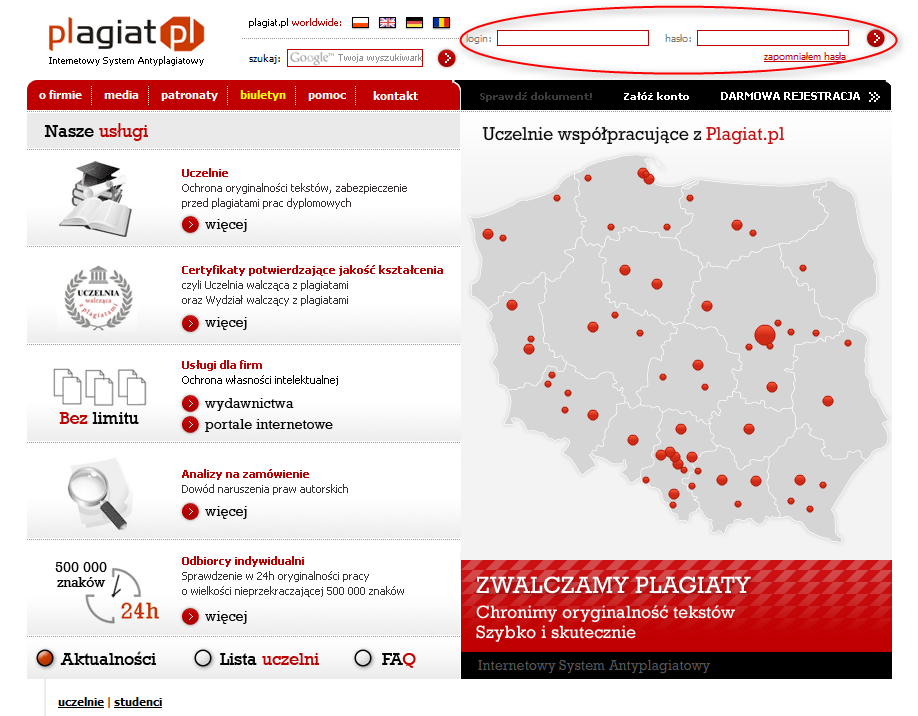 II. Logowanie By zalogować się do serwisu Plagiat.pl należy: A. Wejść na stronę internetową www.plagiat.pl a następnie wypełnić puste pola (Ilustracja 1.
