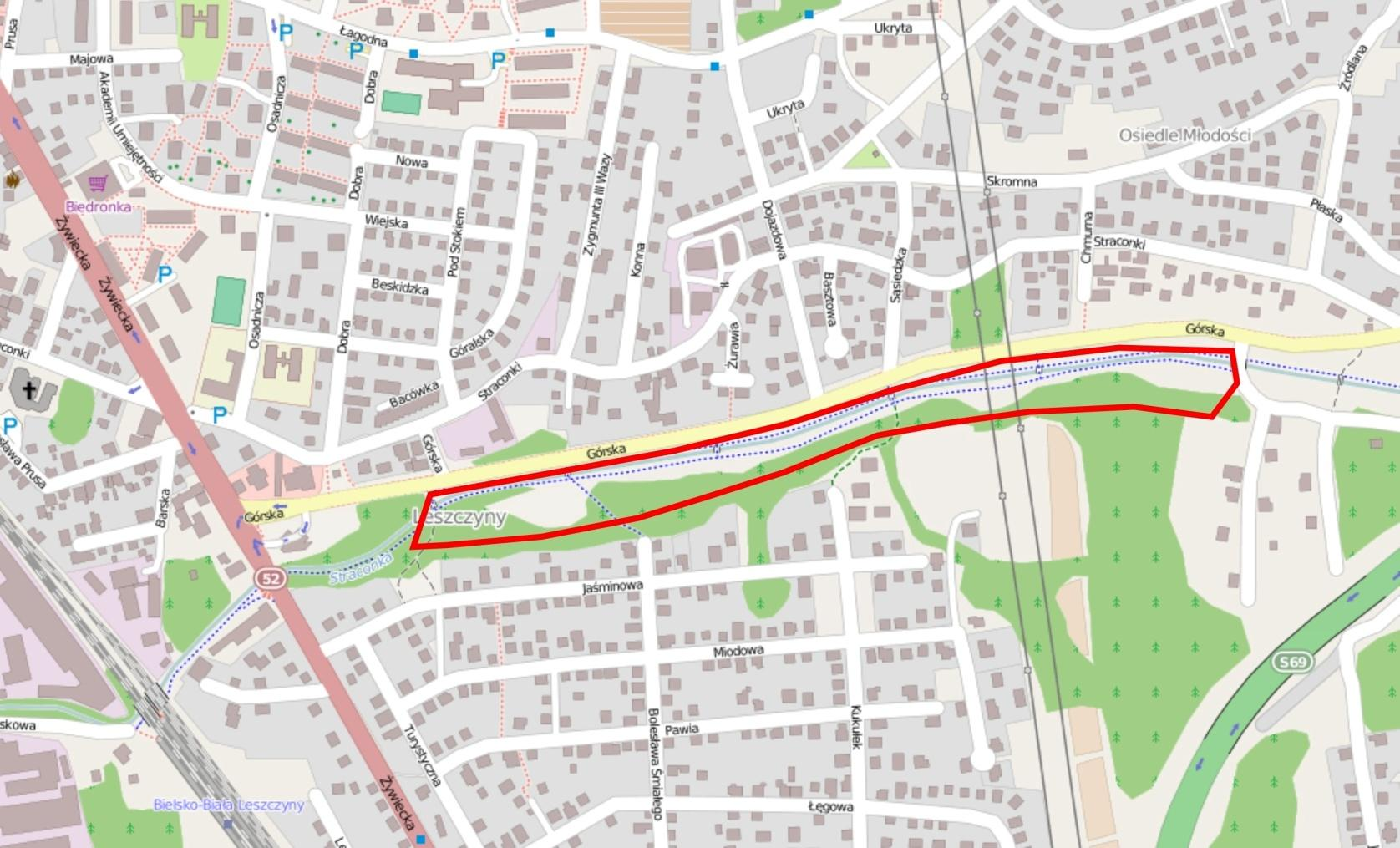 Rysunek 5 Lokalizacja projektu potok Straconka Źródło: Opracowanie własne na podstawie autorzy OpenStreetMap