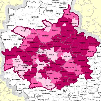 DYNAMIKA ZMIAN LICZBY PODMIOTÓW GOSPODARKI NARODOWEJ W SEKTORZE PRYWATNYM W LATACH 1996-2003 ŚREDNIA DLA WOJEWÓDZTWA 53,0% ŚREDNIA DLA POW.