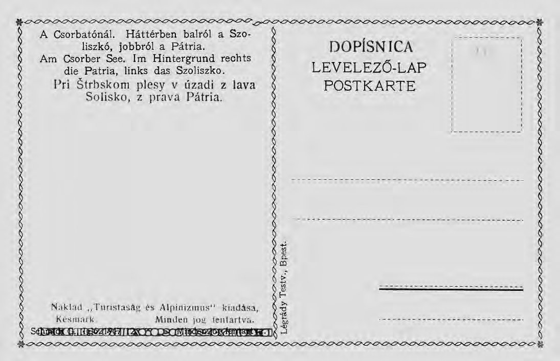 3 3 Turistik und alpinismus pohľadnica Gizely Schmidt z roku 1917 bola v roku 1920 doplnená o slovenské texty a označená vydavateľstvom