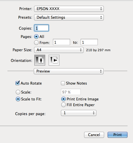 Drukowanie Rozmiar papieru: Wybierz rozmiar papieru załadowanego do drukarki. Orientacja: Wybierz orientację papieru ustawioną w aplikacji. Typ papieru: Wybierz rodzaj załadowanego papieru.