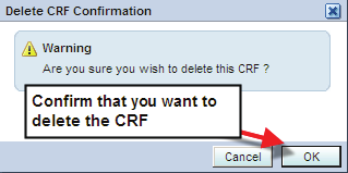 Usuwanie karty CRF (cd.) Wyświetlone zostanie okno Delete CRF (Usuń kartę CRF). Zaakceptuj domyślną przyczynę usunięcia. W razie potrzeby wpisz uwagi w polu Change Comment (Komentarz do zmiany).