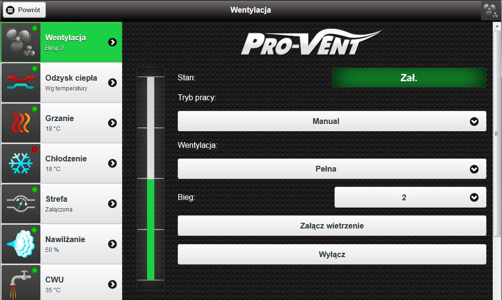 3.1. USTAWIENIA WENTYLACJI (MENU WENTYLACJA) Ekran edycji ustawień wentylacji Pole/komponent Możliwe wartości Opis Stan Zał. / Wył. Aktualny stan wentylacji. Tryb pracy Wyłączona Brak wentylacji.