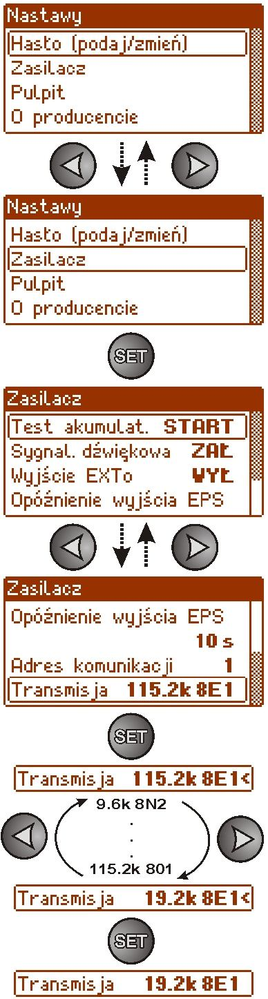 5.3 Konfiguracja zasilaczy serii EN54 z wyświetlaczem LCD Zasilacze serii EN54 dopuszczają wyższą prędkość transmisji a więc zamiast wartości 19.2k 8E1 