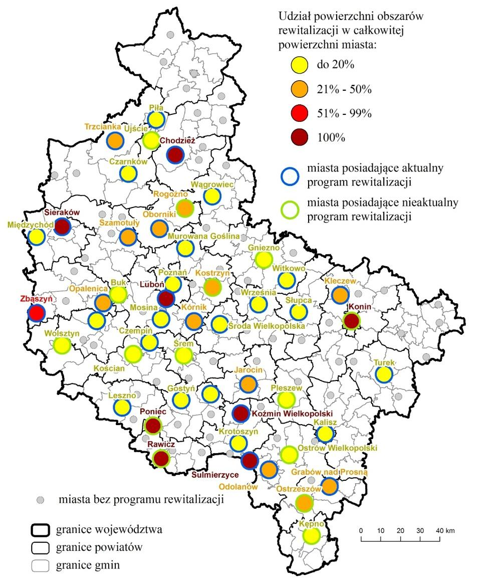 REWITALIZACJA W WIELKOPOLSCE DO 2014 Działaniami rewitalizacyjnymi w województwie wielkopolskim objętych jest łącznie 18,5% powierzchni wszystkich miast.