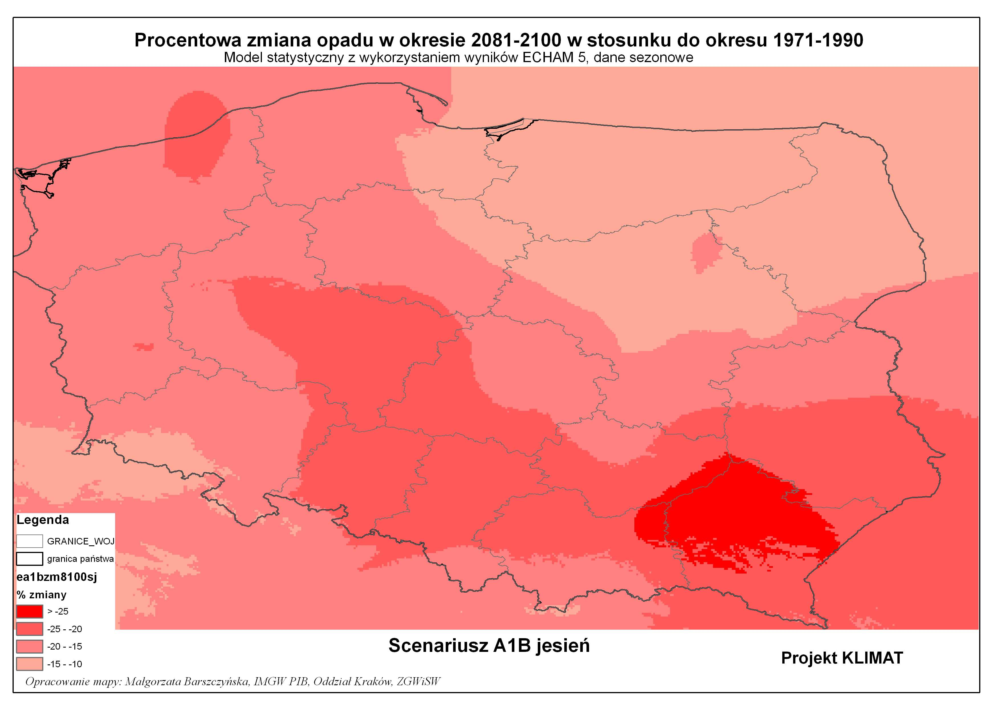 Korzystając z wyników modeli statystycznych prognozujących zmiany klimatu, dla każdego z trzech analizowanych w projekcie scenariuszy rozwojowych, przypisano gminom możliwy procent zmian opadów w