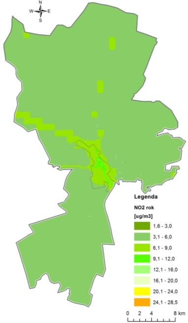 Rys. 3.3. Rozkład stężeń 1-godzinnych dwutlenku azotu na terenie powiatu stalowowolskiego w 2015 r. - wyniki modelowania [9], [11] Rys. 3.4.