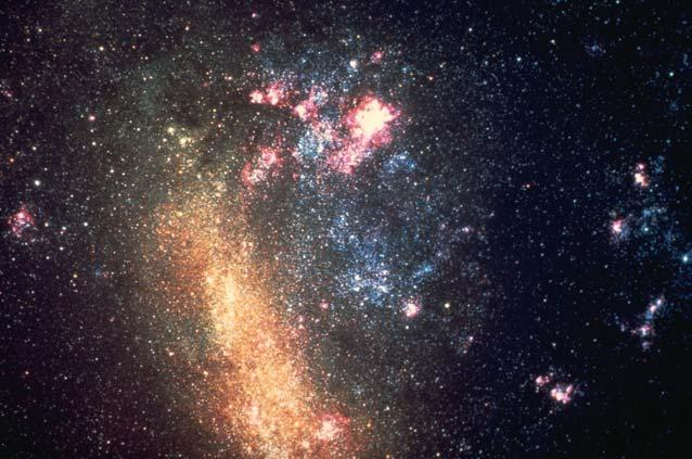 Galaktyki nieregularne 1. Bez symetrii ani dominującego jądra Podobne do Obłoków Magellana (ze strukturami gwiazdowymi) Irr I W LMC i in.