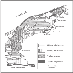 Ryc. 1. Obszar badań typy gleb Fig. 1. Research area types of soils nie rozłożoną ektopróchnicą typu mor-moder. Poziom wody gruntowej znajduje się na głębokości od 200 do 250 cm.
