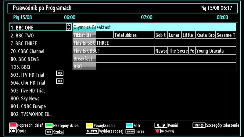 INFO (szczegóły): Wyświetla szczegółowe informacje dotyczące programów. (RECORD): telewizor rozpocznie nagrywanie wybranego programu. Można nacisnąć ponownie, aby zatrzymać nagrywanie.