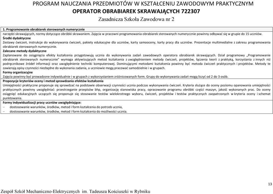 Zajęcia w pracowni programowania obrabiarek sterowanych numerycznie powinny odbywać się w grupie do 15 uczniów.
