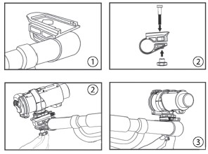 Mocowanie na kierownicy 1. Kamerę można przymocować na kierownicy. W tym należy najpierw wziąć dołączony do zestawu adapter i wsunąć na kierownicę. 2.