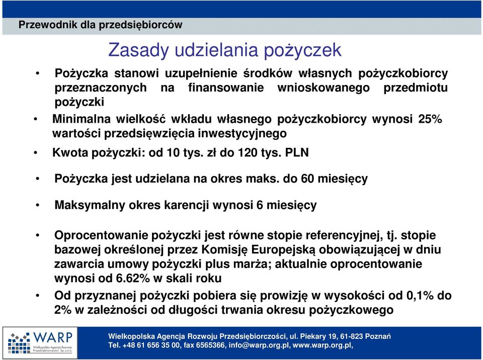 do 60 miesięcy Maksymalny okres karencji wynosi 6 miesięcy Oprocentowanie pożyczki jest równe stopie referencyjnej, tj.