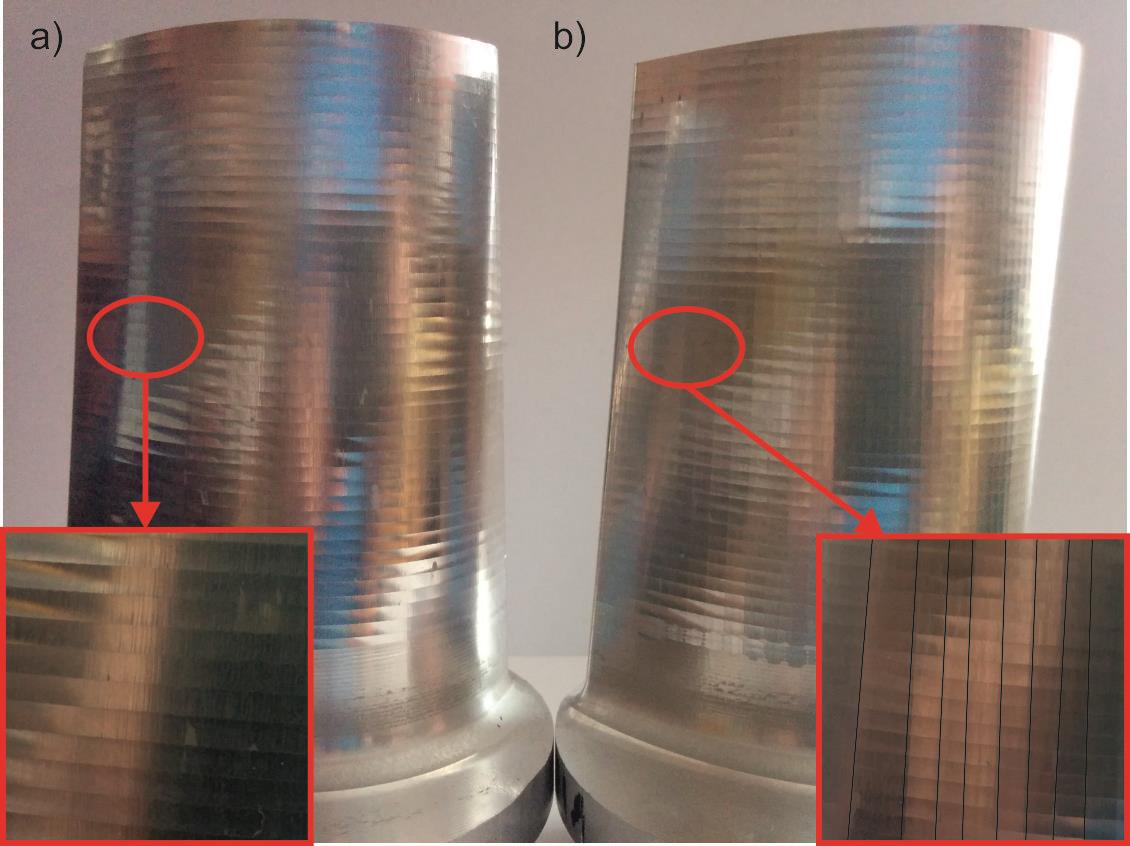 Rys. 6.4. Uzyskane powierzchnie po obróbce pięcioosiowej: a) cut step 0.1 mm, brak widocznych segmentów ścieżki, b) cut step 80 mm, widoczne segmenty ścieżki 7.