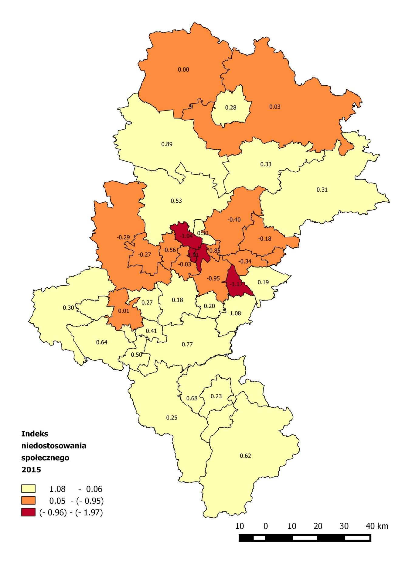 Mapa 10. Indeks niedostosowania społecznego w powiatach województwa śląskiego w 2015 roku.