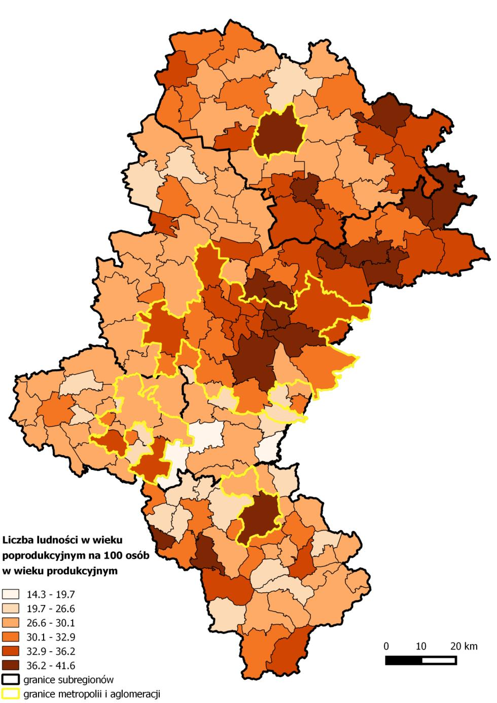 Mapa 3. Wskaźnik obciążenia demograficznego w województwie śląskim w 2015 roku (liczba ludności w wieku poprodukcyjnym na 100 osób w wieku produkcyjnym).