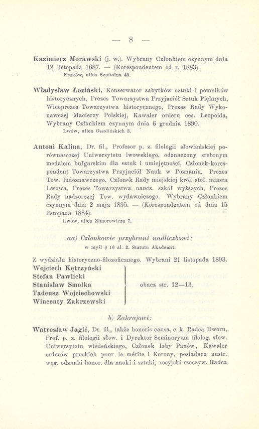 8 Kazimierz Morawski (j. w.). Wybrany Członkiem czynnym dnia 12 listopada 1887. (Korespondentem od r. 1883). Kraków, ulica Szpitalna 40.