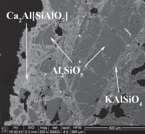J. SZCZERBA, D. MADEJ, J. LIS K 2 O + 3Si O 2 +Al 2 SiO 5 2KAlSi 2 O 6 (leucyt) (2) K 2 O + 2Al 2 SiO 5 2KAlSiO 4 (kalsilit) + Al 2 O 3 (3) Powstawaniu 2.