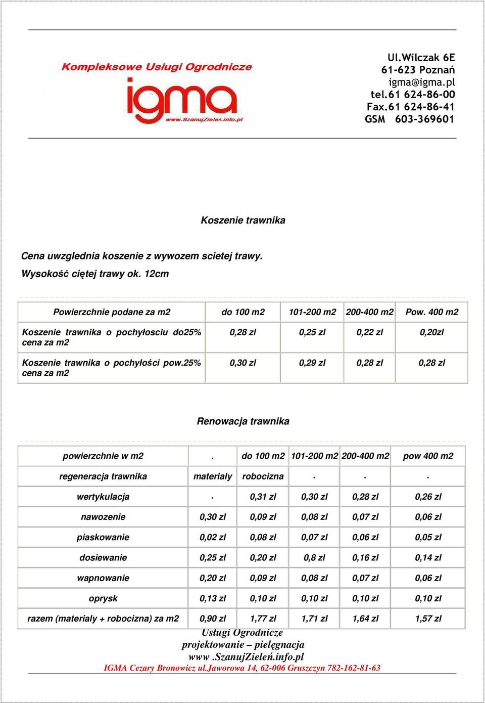 25% cena za m2 0,28 zl 0,25 zl 0,22 zl 0,20zl 0,30 zl 0,29 zl 0,28 zl 0,28 zl Renowacja trawnika powierzchnie w m2. do 100 m2 101-200 m2 200-400 m2 pow 400 m2 regeneracja trawnika materialy robocizna.