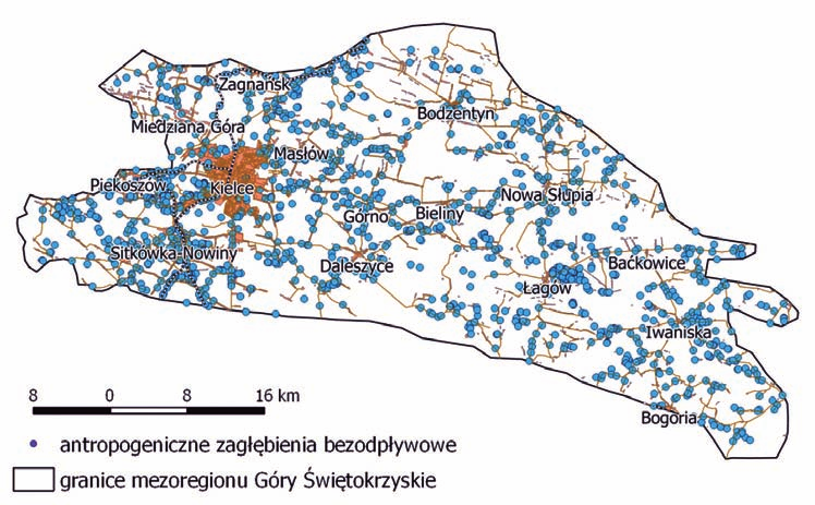 32 Ryc. 5. Antropogeniczne zagłębienia bezodpływowe w Górach Świętokrzyskich Fig. 5. Anthropogenic closed depressions in the Świętokrzyskie Mountains Ryc. 6.