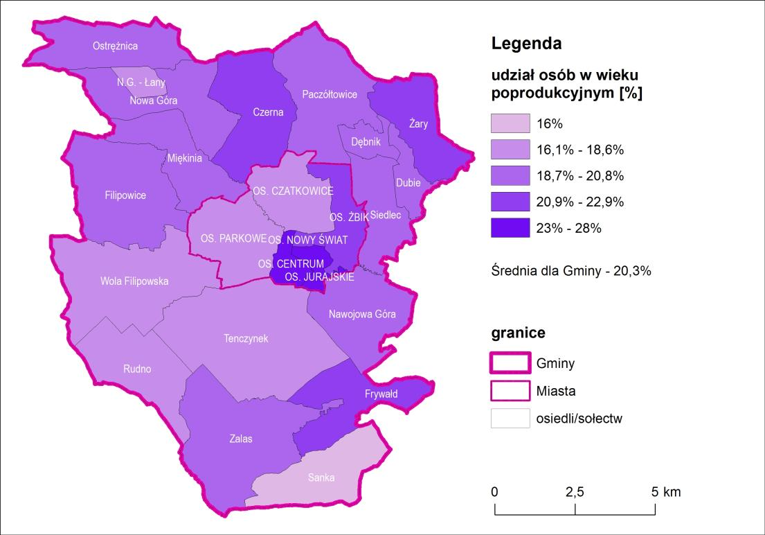 Czatkowice i Parkowe oraz sołectwa w południowo-zachodniej części gminy. Natomiast zdecydowanie najwyższy odsetek osób starszych odnotowano na osiedlach Centrum i Jurajskim (powyżej 27%). Ryc. 5.