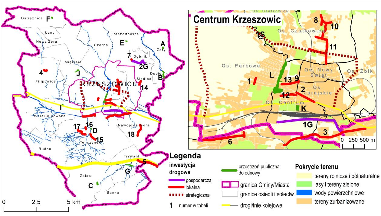 Ryc. 26. Inwestycje drogowe i związane z odnową przestrzeni publicznej planowane w latach 2016-2020 (opis numerów w Tab. 13 i Tab.
