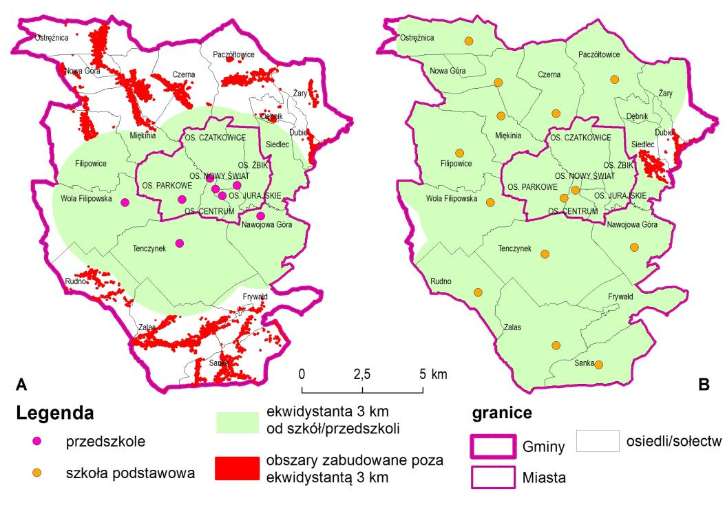 Ryc. 30. Deficyty dostępności szkół podstawowych i przedszkoli Źródło: Opracowanie własne Miarą dostępności infrastruktury edukacyjnej jest także powierzchnia placówki przypadająca na jednego ucznia.