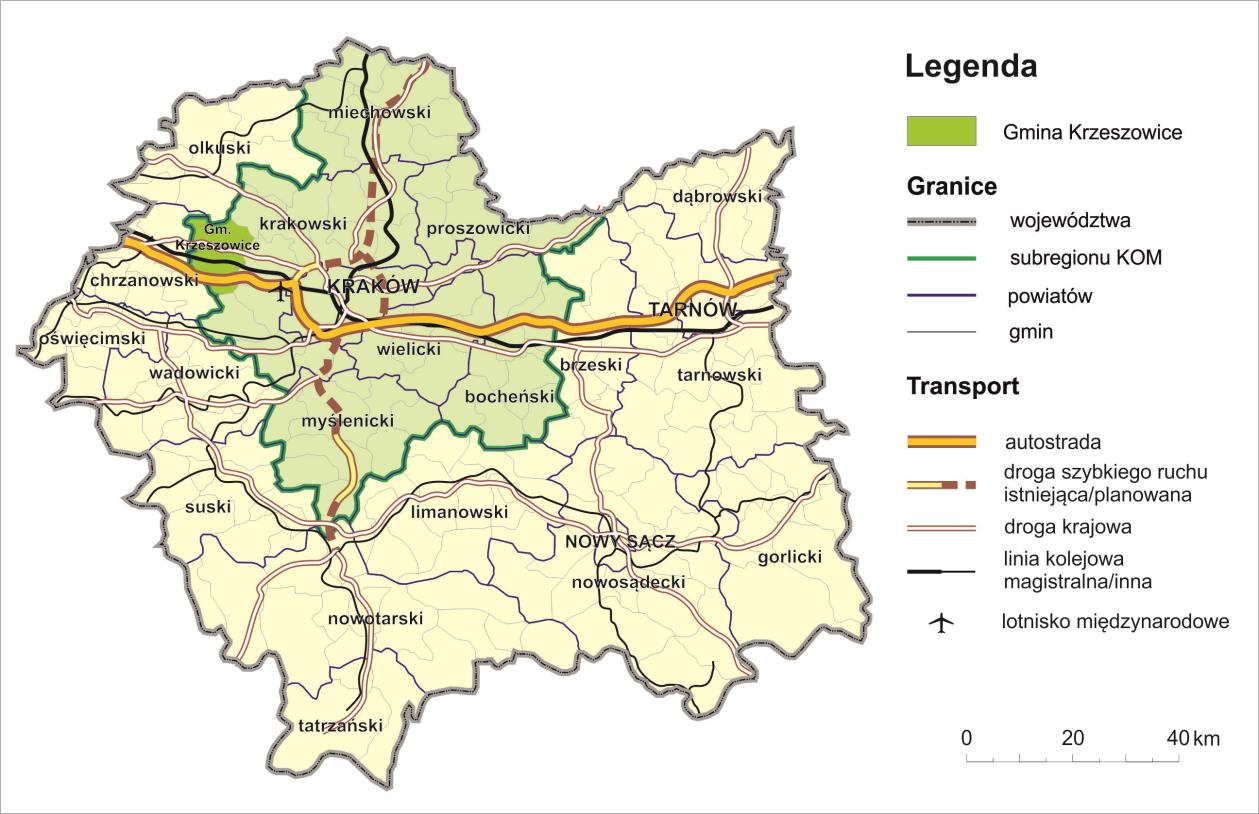 Ryc. 1. Położenie gminy w woj. małopolskim, na tle głównych szlaków komunikacyjnych. Źródło: Opracowanie własne 1.2 Podział administracyjny gminy Gmina Krzeszowice jest gminą miejsko-wiejską.