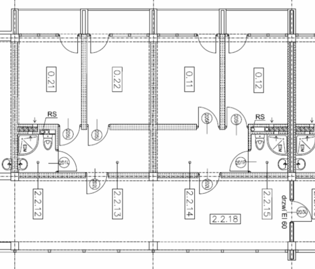 Izolacyjność akustyczna ścian w salach do prób w szkole muzycznej 535 Rys. 1 Rzut pomieszczeń (sale do prób indywidualnych) Fig. 1. Ground plan of premises Na rysunku nr 1 pokazano zakres przeprowadzonych badań: cztery salki do prób indywidualnych (0.