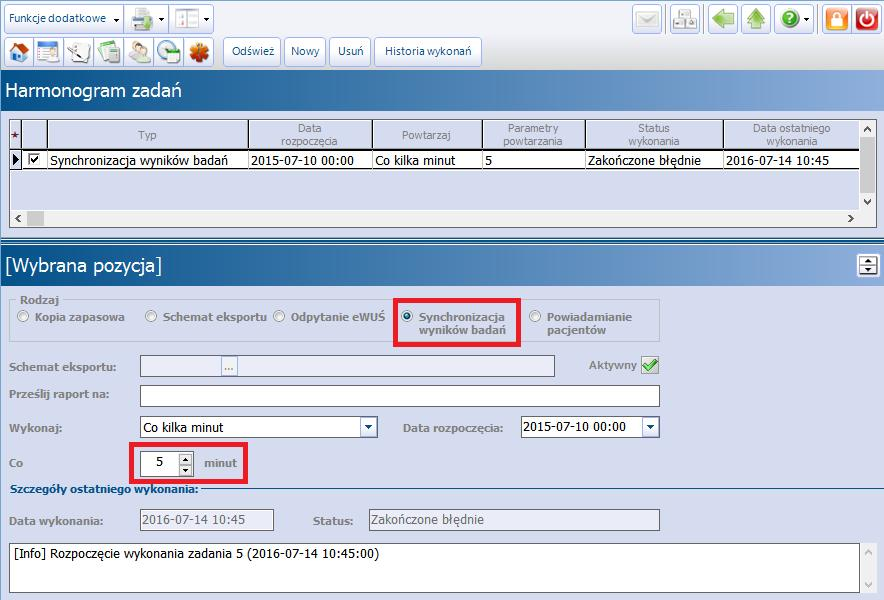 3.1.4 Synchronizacja wyników badań Na potrzeby modułu dodatkowego ewyniki, w Harm onogram ie zadań dodano zadanie synchronizacji wyników badań.