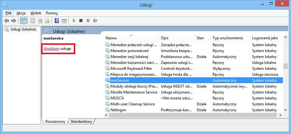 3.3.1 Uruchomienie usługi W przypadku nieuruchamiania się zaplanowanego zadania, należy w pierwszej kolejności zweryfikować czy usługa mmservice jest uruchomiona na danej stacji roboczej.