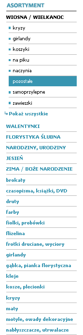 Następnie chcemy kupić dodatkowo róże na druciku 10 op. - w tym celu po prostu wybieramy z lewego menu najpierw WIOSNA/WIELKANOC, a następnie pozostałe, tak jak to robiliśmy w przypadku brokatu.