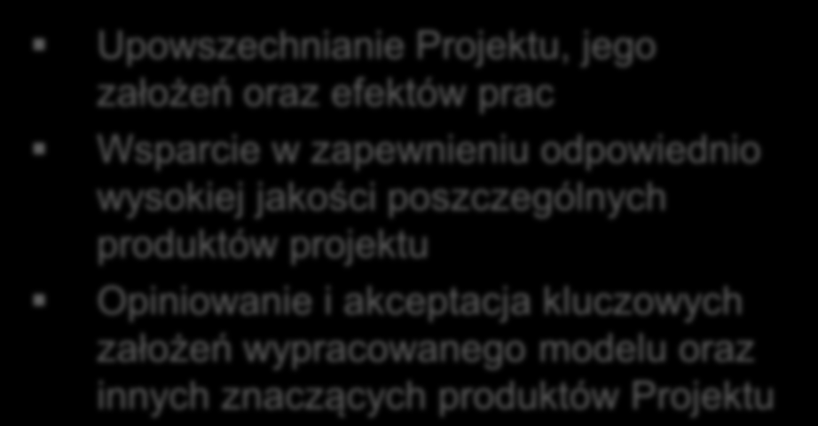 Role w Projekcie ROLA GRUPY STERUJĄCEJ Podejmowanie strategicznych decyzji Odpowiedzialność za długoterminowe zarządzanie projektem Odpowiedzialność za kontrolę realizacji projektu na poziomie