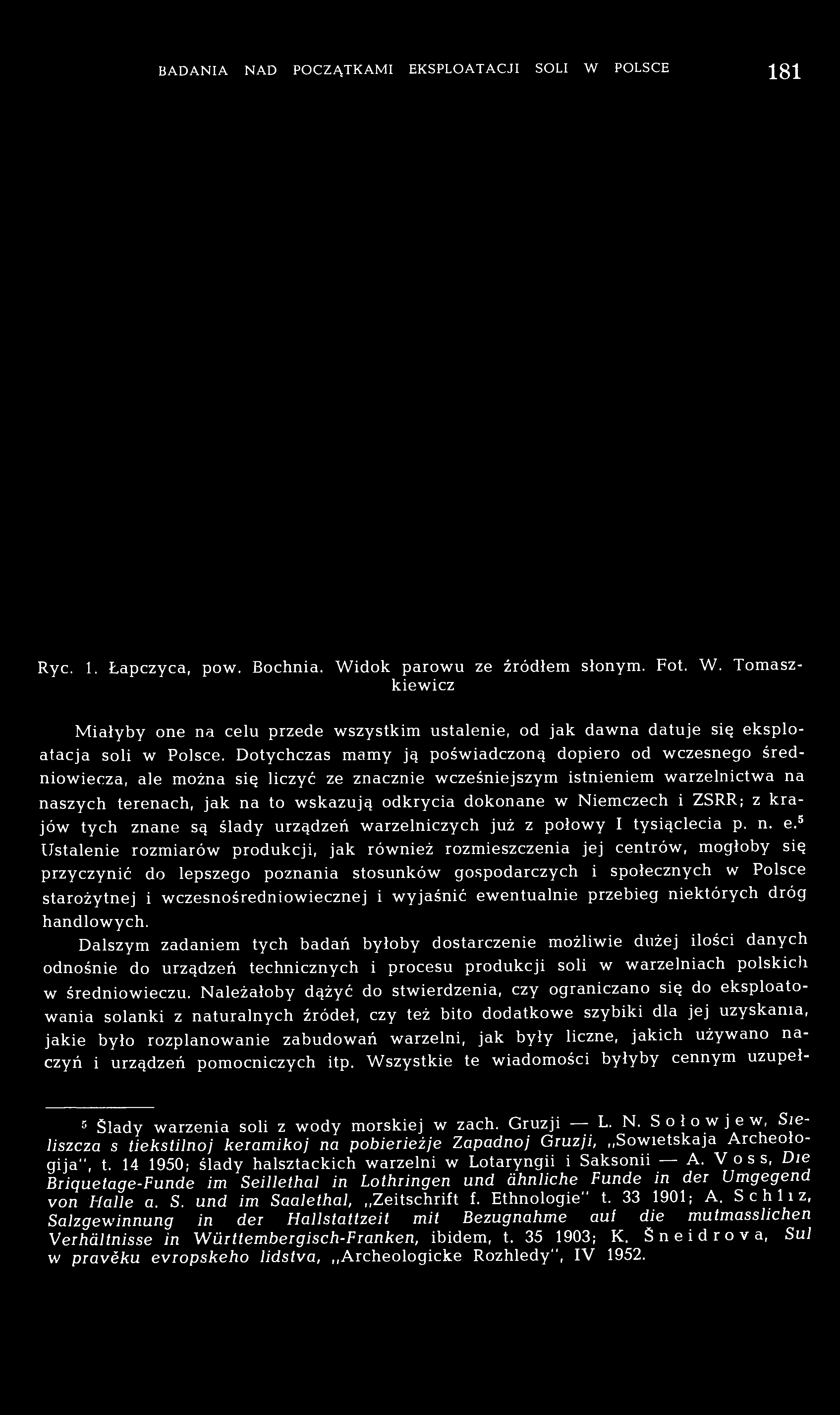 BADANIA NAD POCZĄTKAMI EKSPLOATACJI SOLI W POLSCE ^g^ Ryc. 1. Łapczyca, pow. Bochnia. Widok parowu ze źródłem słonym. Fot. W. Tomaszkiewicz Miałyby one na celu przede wszystkim ustalenie, od jak dawna datuje się eksploatacja soli w Polsce.