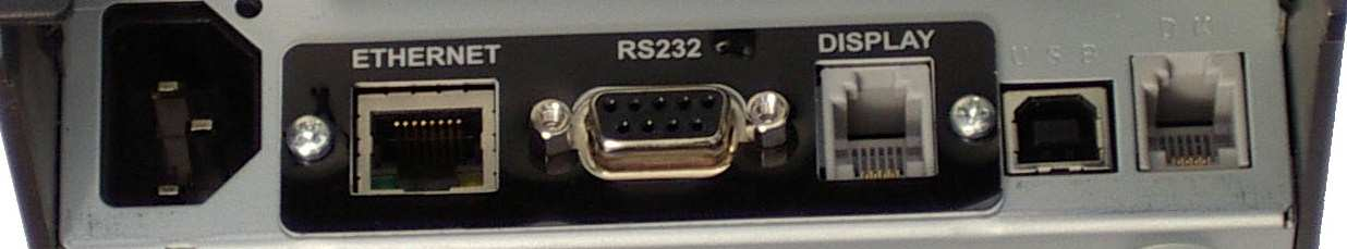 ZŁĄCZA Drukarka została wyposażona w następujące złącza komunikacyjne: 1 2 3 4 5 6 1. Złącze zasilania. 2. Złącze komunikacyjne LAN ETHERNET. 3. Złącze komunikacyjne - RS232. 4. Złącze wyświetlacza - DISPLAY 5.