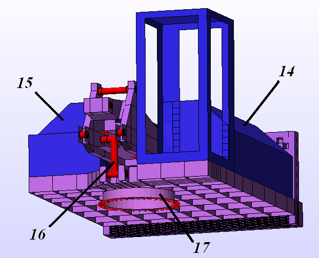 Model dyskretny ramy nadwozia z zamontowanymi głównymi elementami osprzętu i wyposażenia Elementy składowe nadwozia: 1-rama nadwozia, 2-mechanizm obrotu, 3-belka nośna, 4-rekuperator energii,