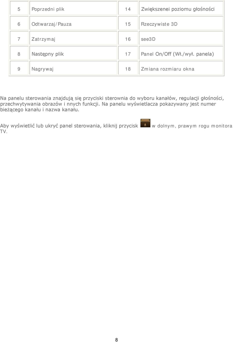panela) 9 Nagrywaj 18 Zmiana rozmiaru okna Na panelu sterowania znajdują się przyciski sterownia do wyboru kanałów, regulacji