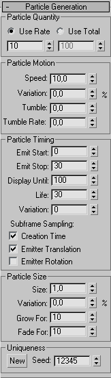 W systemie Blizzard udostępnione są następujące rolet: - Particle Generations (7) - Particle Type (8) - Rotation and Collision (9) - Object Motion Inherance (10) - Particle Spawn (11) - Load/Save