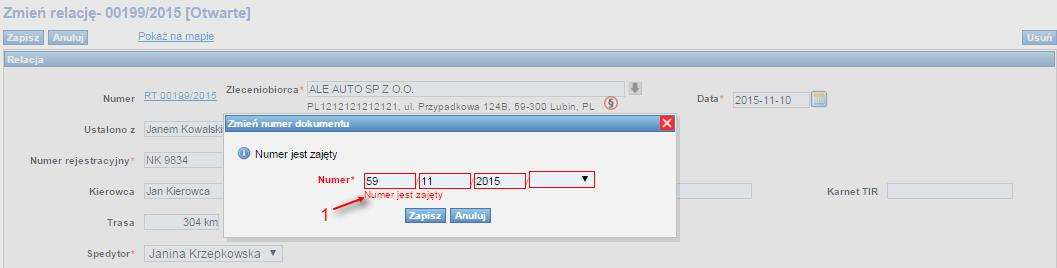 Przyrostek (Rys. 146, poz. 4): opisuje grupę spedytorów. Zmiany zapisujemy klikając przycisk Zapisz w oknie Zmień numer dokumentu, a następnie zachować zmiany w relacji. Rys.