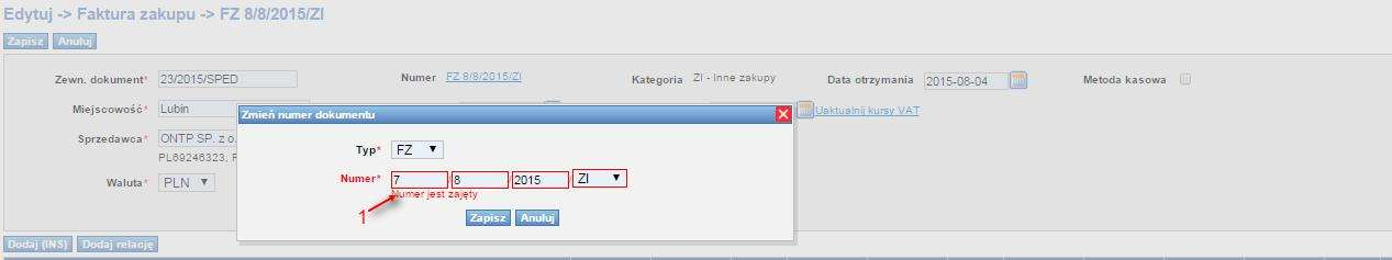 Rys. 221 Edytowanie numeru faktury zakupu Okno Zmień numer dokumentu (Rys. 222) zależy od ustawienia numeracji dokumentu (pkt. 3.1.2). W tym przykładowym oknie wpisujemy dane: Numer faktury zakupu (Rys.