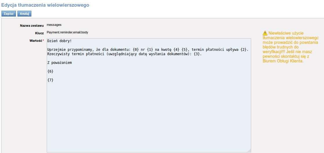 Rys. 270 Edycja treści przypomnień o płatności Domyślny szablon treści wiadomości ma postać: Dzień dobry!