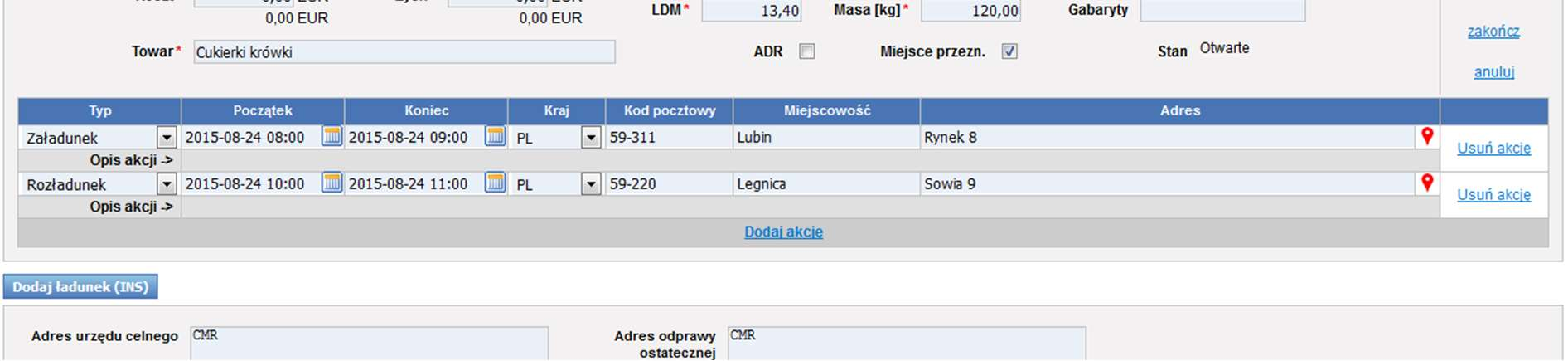 Rys. 400 Relacja z dwoma zleceniami 12.20 Wystawienie zlecenia i relacji w różnych walutach 12.20.1 Zlecenie w PLN, relacja w EUR w Spedycji 1:1 Dodawać będziemy zlecenie z przychodem 3450 PLN, a relacja wystawiona będzie z kosztem 20 EUR.