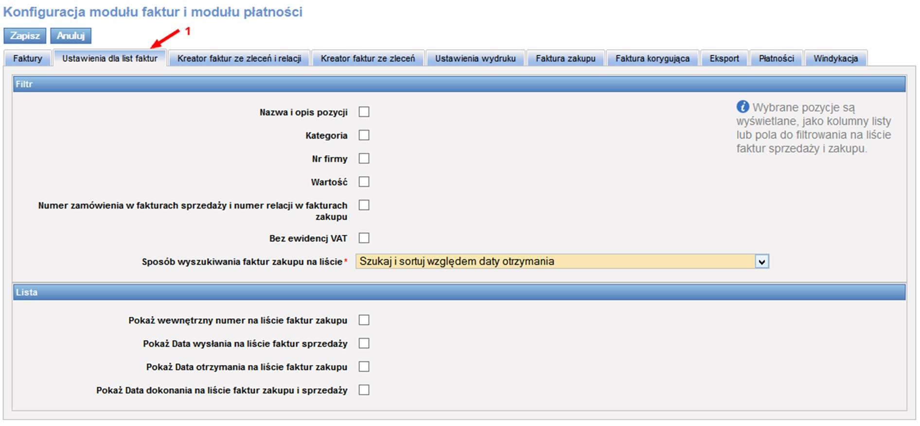 12.23 Ustawienia parametrów dla list faktur Aby ukryć/wyświetlić kolumny lub wybrać odpowiednie pola do filtra danych dla list faktur zarówno sprzedaży, jak i zakupu należy uruchomić opcje