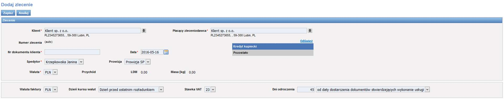 Rys. 84 Wprowadzenie klienta przykładowe dane Rys. 85 Wyświetlenie danych klienta w zleceniu Warto również wypełnić Parametry fakturowania - przykładowe dane podano na Rys. 84, poz. 2.