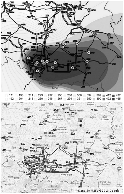 Zastosowanie map cyfrowych w analizie awaryjności linii przesyłowych 65 a) b) Rys. 5.
