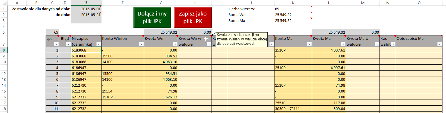 Dodatkowo dodałem dwie operacje pomocnicze, które mogą się czasem przydać: [Wyzeruj wszystkie pola JPK] resetuje zawartość skoroszytu (można ją potraktować jak "reset do ustawień fabrycznych")